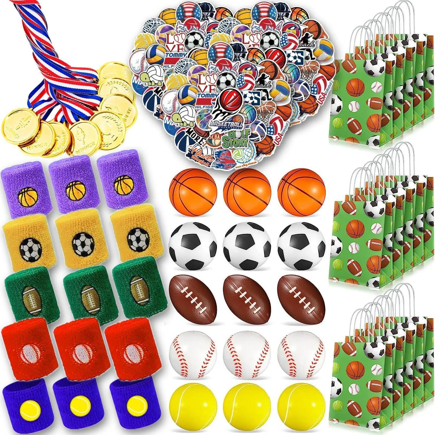 210 Pcs Sports Party Favors for Kids with Golden Winner Awards Medals Wristbands