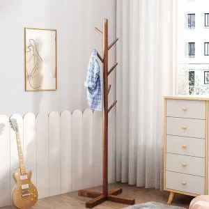 classic Solid Wood Coat Rack and Stand, Free Standing Hall Coat Tree with 6 Hooks for Hats, Bags, Purses, for Entryway, Hallway, Rubberwood, Dark Walnut