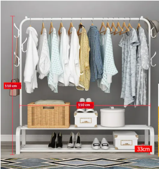 Clothes storage drying rack foldable Single pole, Side Hooks with Shoe Rack BY CN