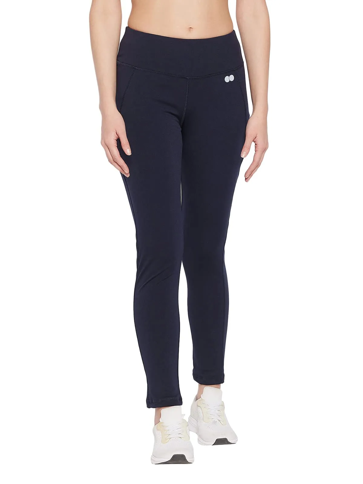 Clovia Women's Snug Fit Polyester Active Tights in Navy with Reflective Logo (AB0042K08_Blue_L)