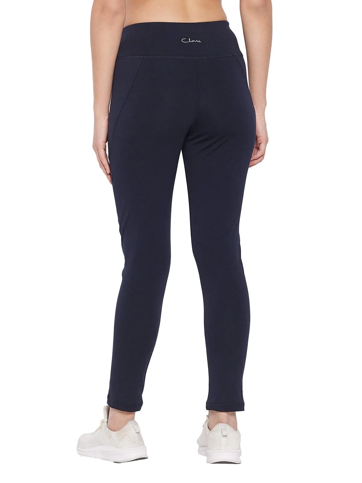 Clovia Women's Snug Fit Polyester Active Tights in Navy with Reflective Logo (AB0042K08_Blue_L)