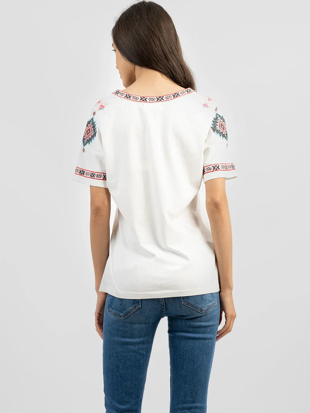 Delila Women Washed Embroidered Aztec Tie-String Tassel Tee