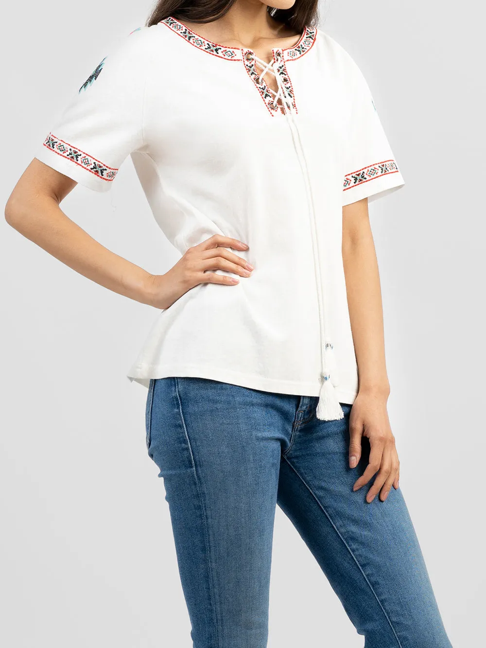 Delila Women Washed Embroidered Aztec Tie-String Tassel Tee