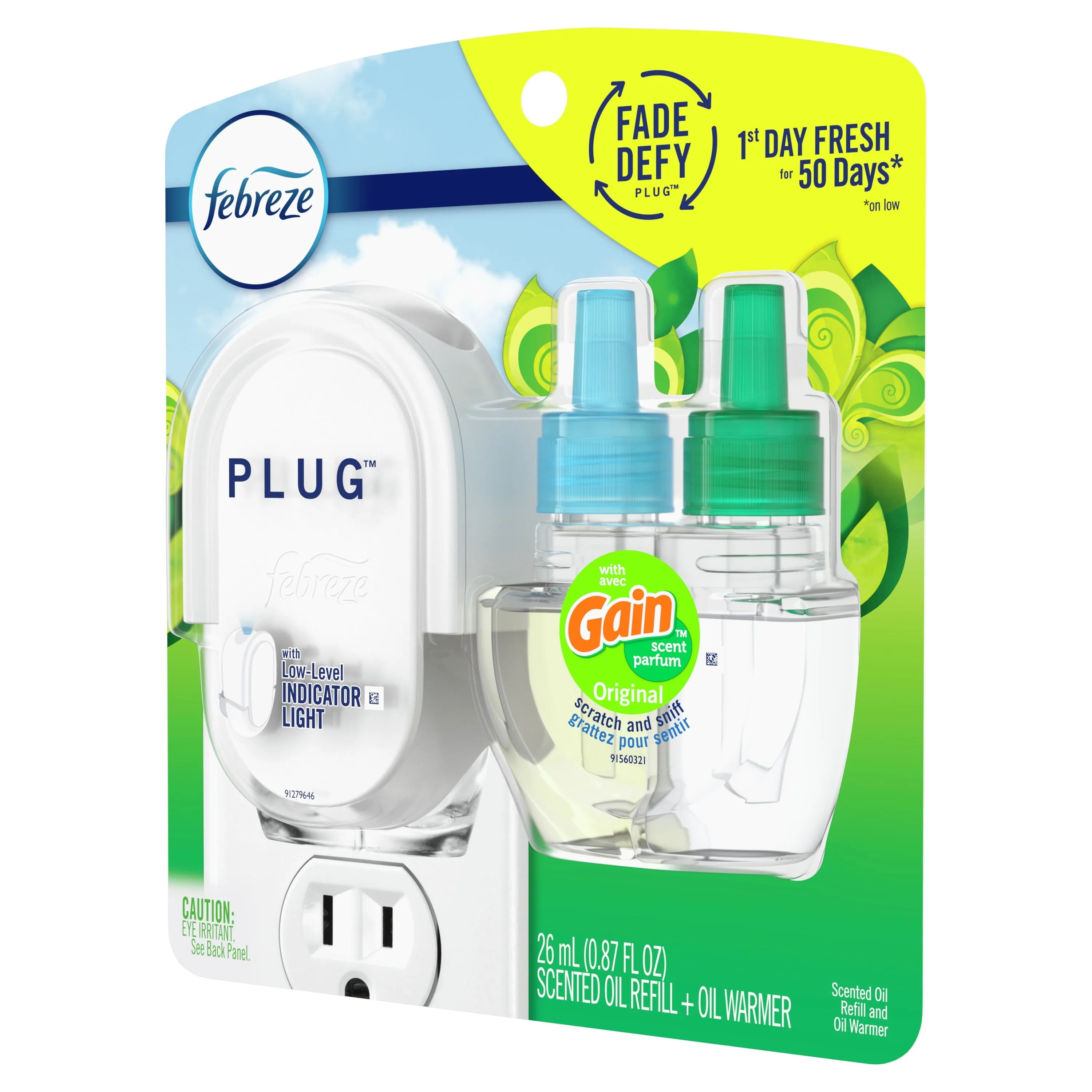 Febreze Fade Defy Plug Air Freshener & Odor Fighter Starter Kit Gain Scent  0.87 fl. oz. Oil Refill