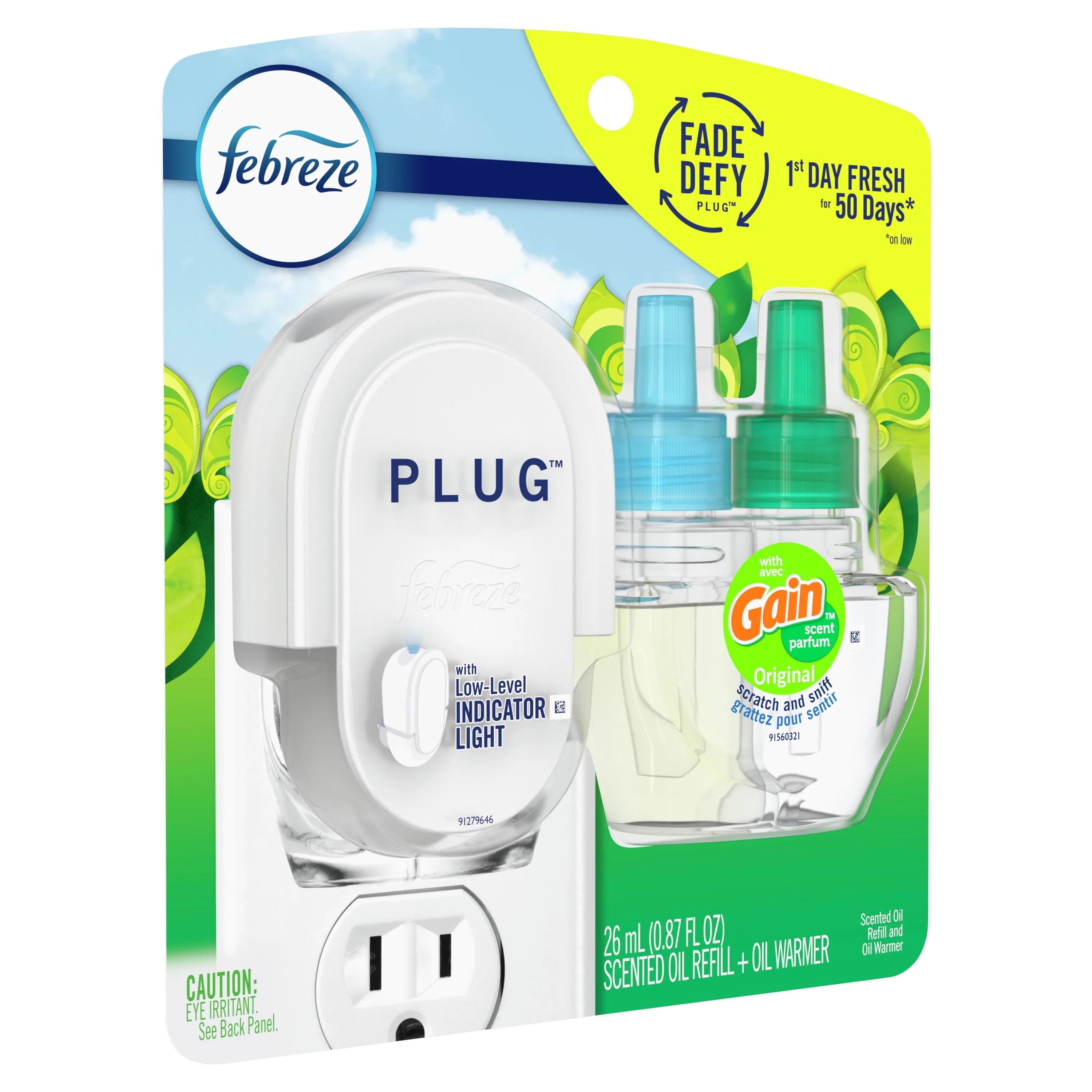 Febreze Fade Defy Plug Air Freshener & Odor Fighter Starter Kit Gain Scent  0.87 fl. oz. Oil Refill