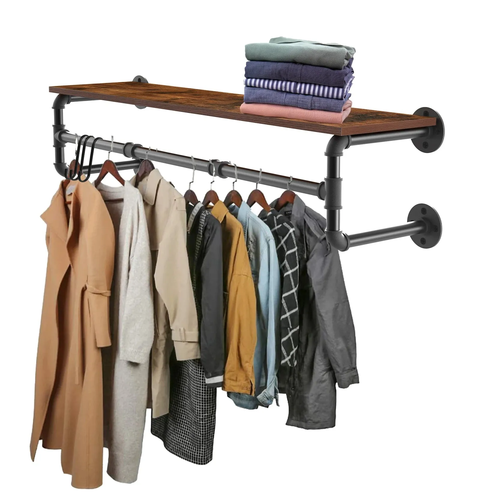 Industrial Pipe Clothing Rack Wall Mounted Wood Shelf Pipe Shelving Floating Shelves Retail Garment Rack Display Racks