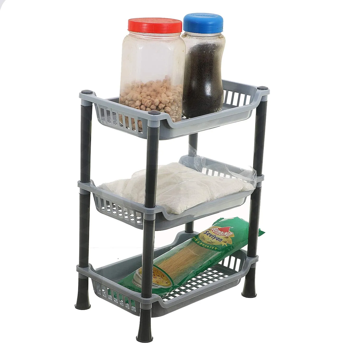 Kuber industries 3 Layer Plastic Kitchen Rack|Rack For Storage|Kitchen Accessories Items Rack|Kitchen Corner Rack (Grey)