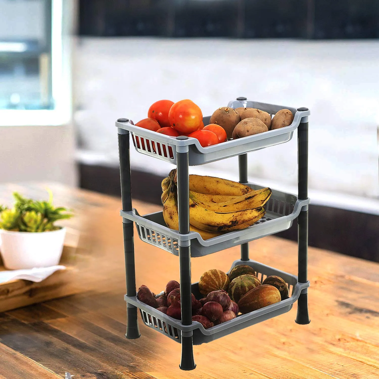 Kuber industries 3 Layer Plastic Kitchen Rack|Rack For Storage|Kitchen Accessories Items Rack|Kitchen Corner Rack (Grey)