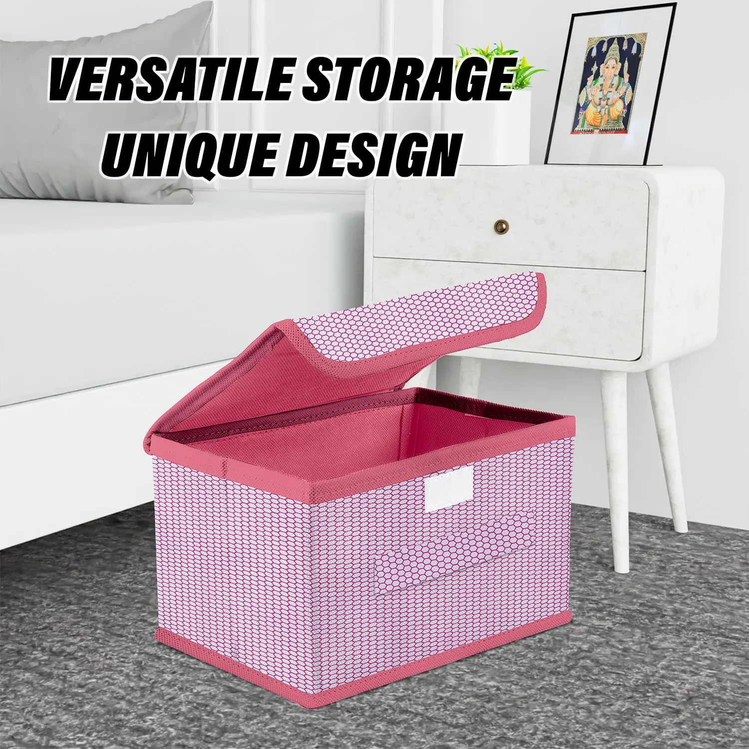 Kuber Industries Drawer Storage Box | Zig Zag Dhakkan Storage Box | Non-Woven Clothes Organizer For Toys | Storage Box with Handle | Small | Pack of 2 | Pink