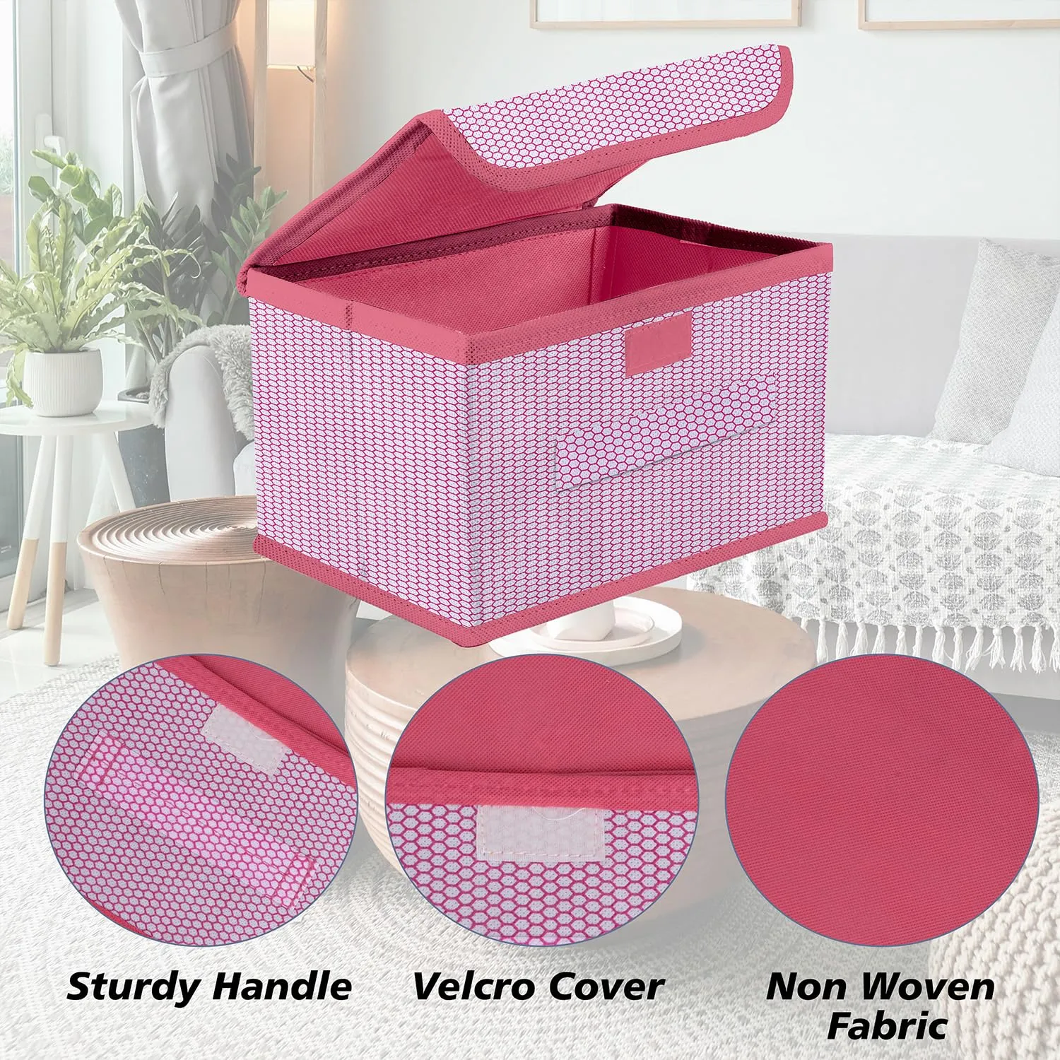 Kuber Industries Drawer Storage Box | Zig Zag Dhakkan Storage Box | Non-Woven Clothes Organizer For Toys | Storage Box with Handle | Small | Pack of 2 | Pink