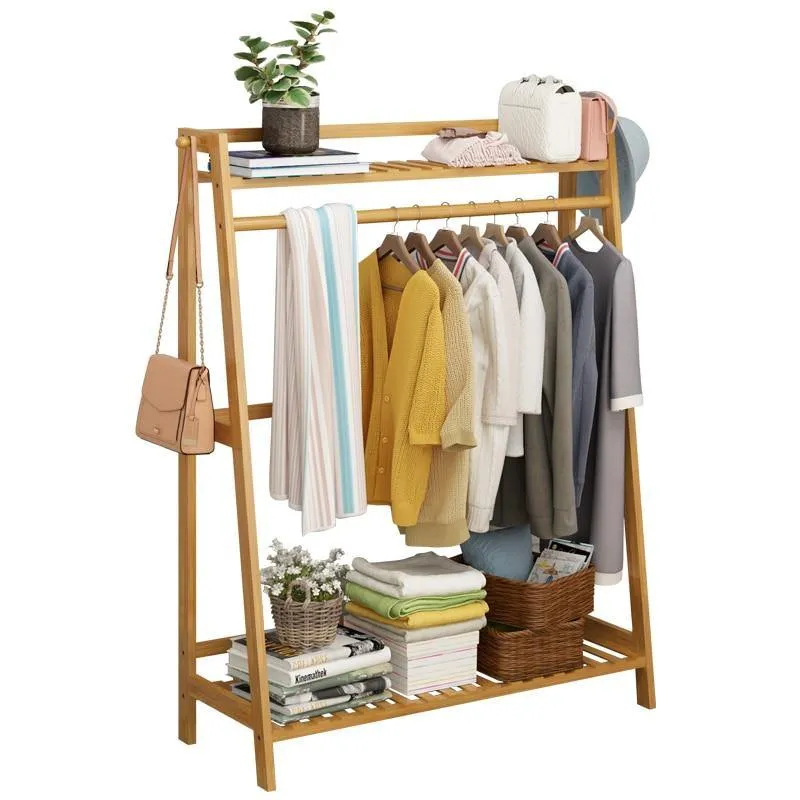 Louis Fashion Clothes Rack Simple Floor Bedroom Shelf in Polished Wood 1Pc By Miza