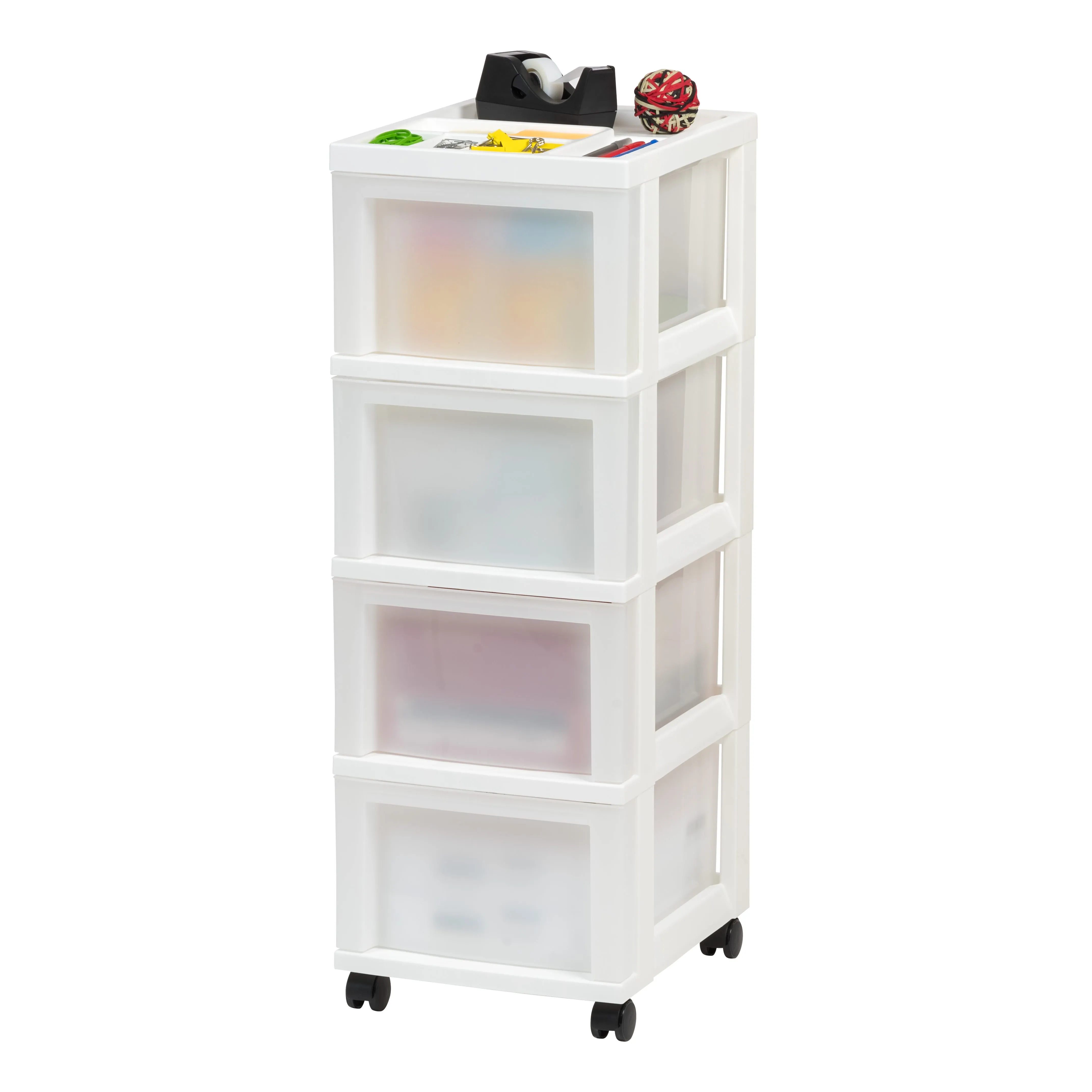 Medium 4-Drawer Cart with Organizer Top, White/Pearl