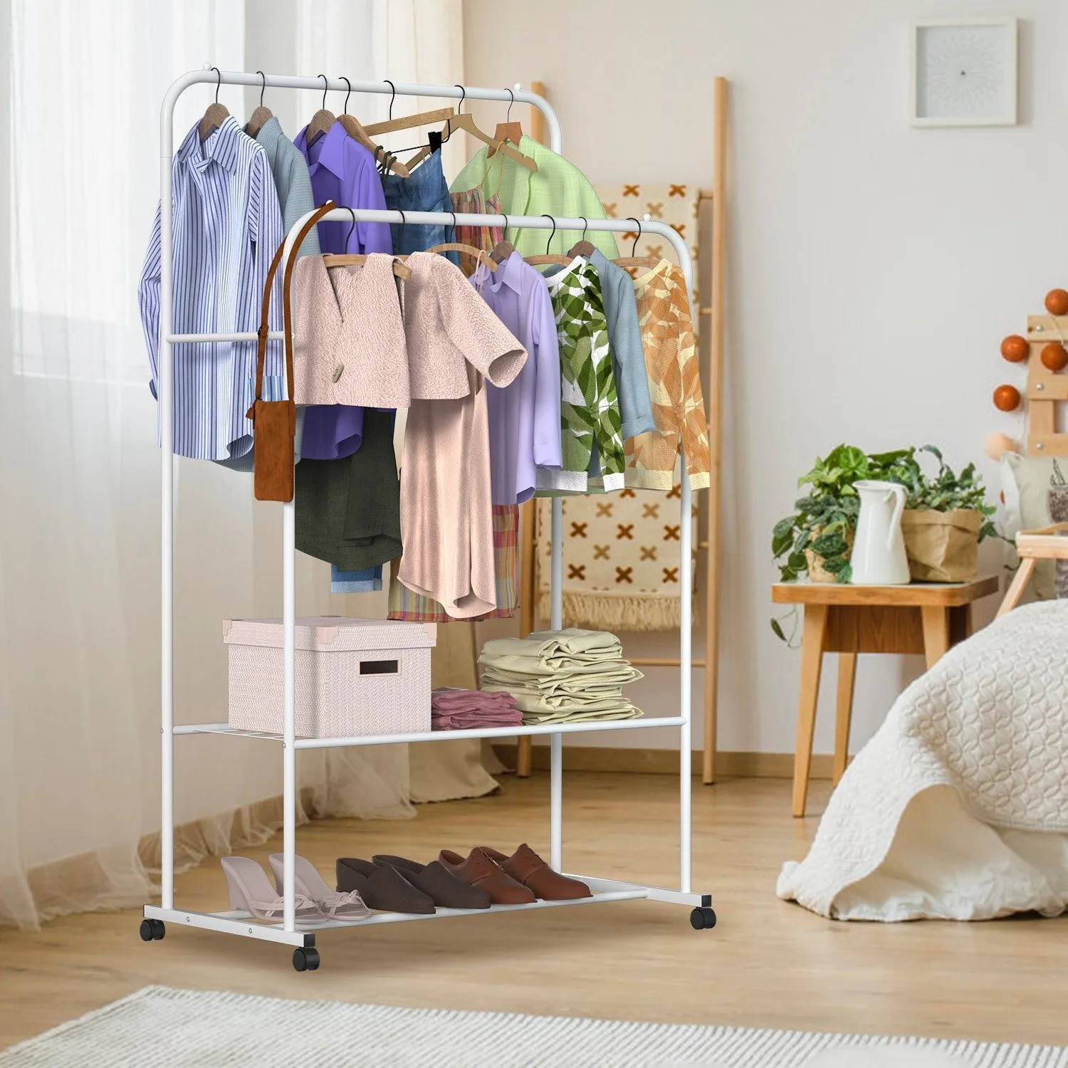 Rolling Garment Rack with Hanging Rail and Shoe Display - Clothes Organizer on Wheels