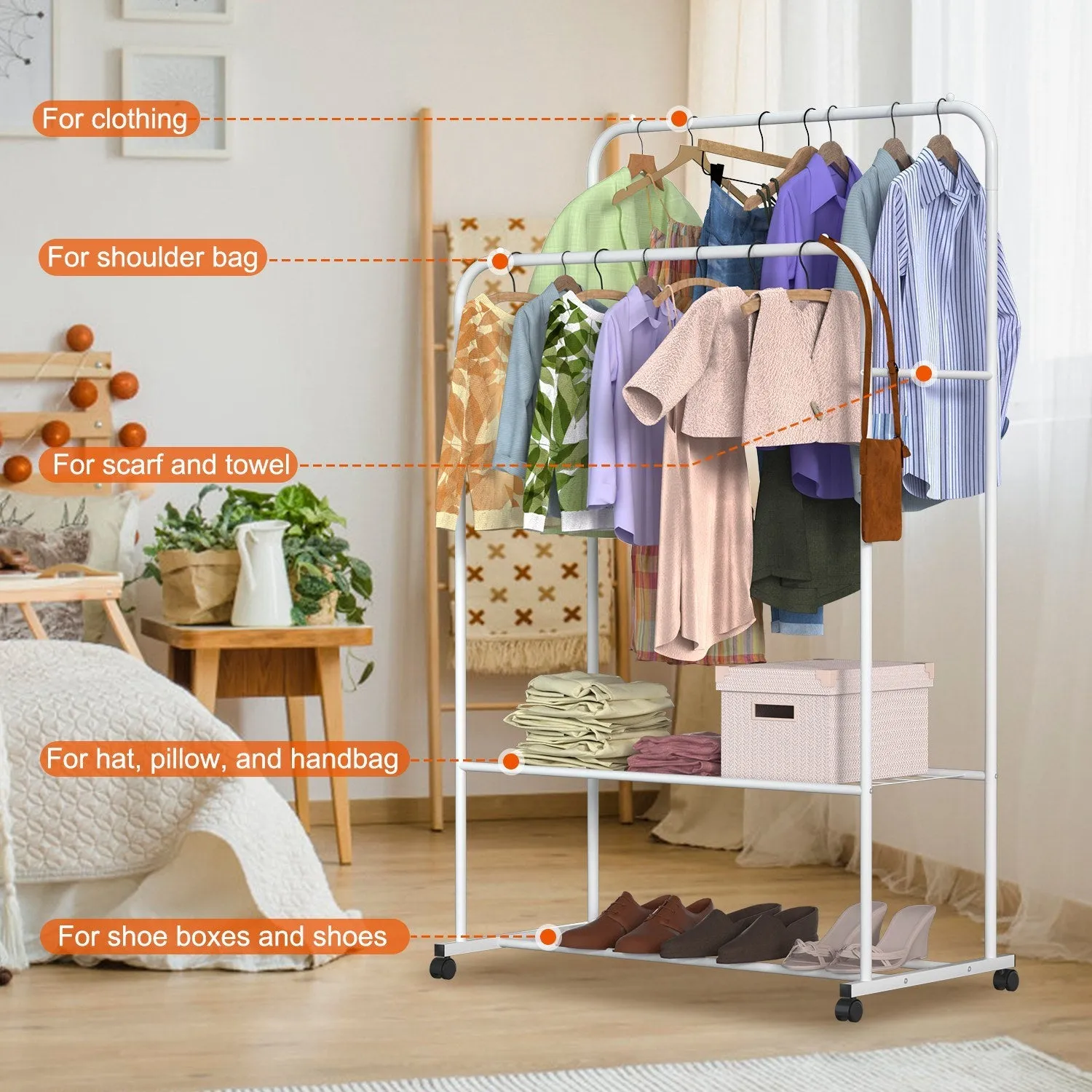 Rolling Garment Rack with Hanging Rail and Shoe Display - Clothes Organizer on Wheels