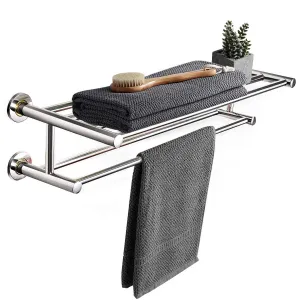 Tangkula Wall Mounted Bathroom Shelf with 2-Tier Towel Bars, 24 Inch Stainless Steel Towel Shelf